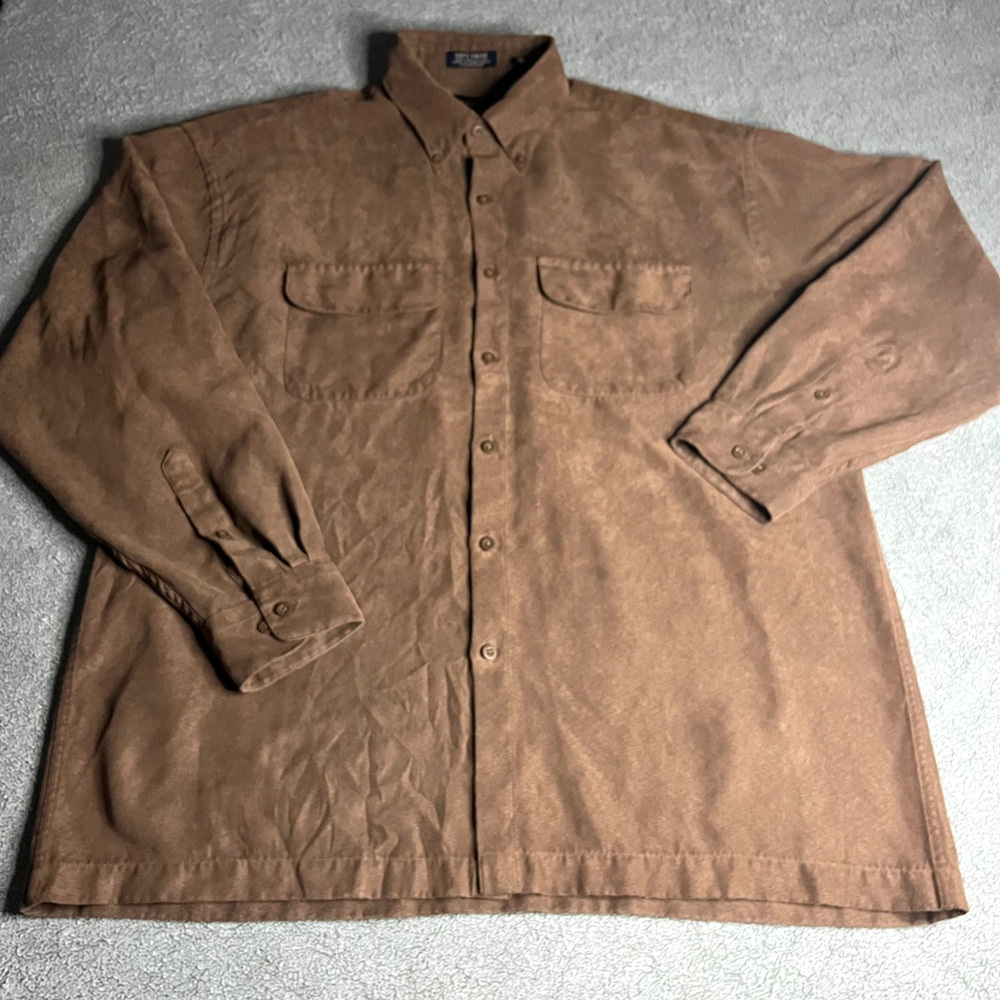 Van Heusen Soft Suede Shirt Mens Large 16-16 1/2 Brown Long Sleeve Button Up 90s